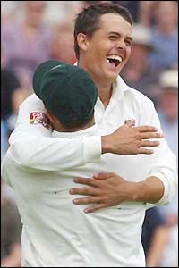Jacques Rudolph celebrates taking the wicket of Nasser Hussain