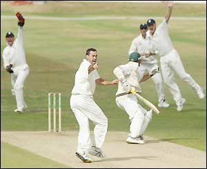 England players appeal for the wicket of Graeme Smith