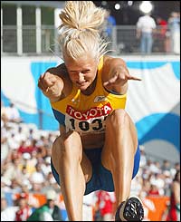 Carolina Kluft produces a massive leap of 6.68m to increase her lead in the heptathlon 