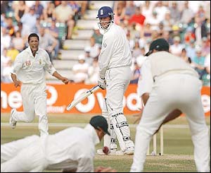 Makhaya Ntini celebrates dismissing Marcus Trescothick