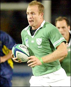 Denis Hickie runs in to score a try for Ireland
