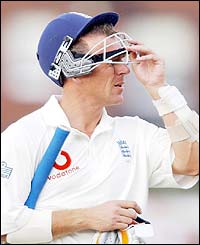 England's Alec Stewart walks from the crease