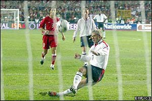 David Beckham misses a penalty for England
