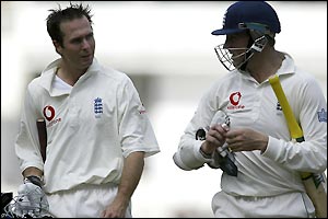 England's Michael Vaughan and Marcus Trescothick 