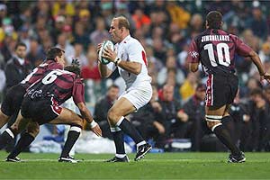 Lawrence Dallaglio scores England's fifth try four minutes after the restart 
