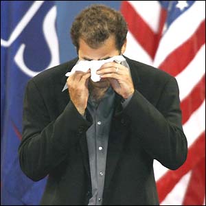 Pete Sampras cries as the announcement to make his retirement from tennis official is made at the 2003 US Open