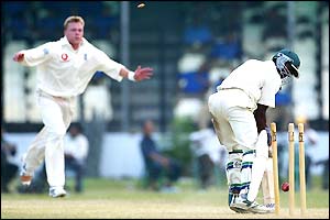 Martin Saggers bowls Abul Bashar first ball