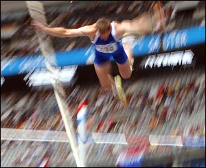 Kazakstan's Dmitry Karpov flying over the bar in the pole vault