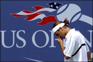 Roger Federer contemplating his position in the match