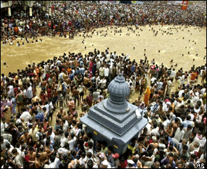Hindu devotees assemble for the royal bath in the river Godavari 