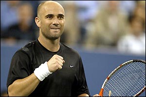 Andre Agassi celebrates against Sweden's Andreas Vinciguerra