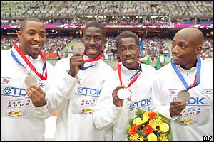 The Great Britain 4x100m relay team display their silver medals