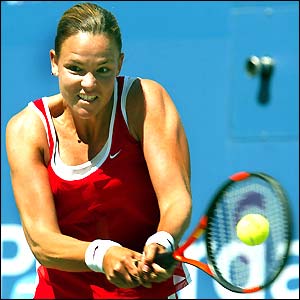 Lindsay Davenport is given a tough workout by Russia's Nadia Petrova 