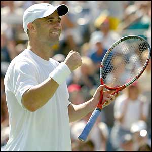 Andre Agassi celebrates his win against Yevgeny Kafelnikov