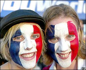 France fans dress up for the camera before their match with Japan 