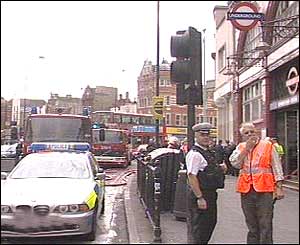 Police and fire engines outside Camden Town station