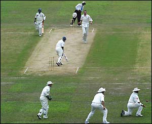 Bangladesh opener Javed Omar survives an edge which drops short of Mark Butcher at second slip off the bowling of Steve Harmison