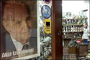 Poster of Alija Izetbegovic hangs in Sarajevo shop