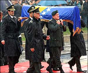 Top Bosnian Army Generals carry the coffin of former Bosnian President Alija Izetbegovic during his memorial service