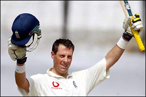Marcus Trescothick celebrates reaching a century