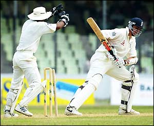 Rikki Clarke is bowled by Mohammad Rafique