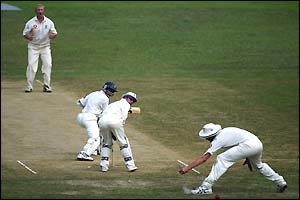 Gareth Batty watches as Bangladesh's Habibul Bashar edges the ball and it drops just short of slip