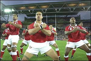 The Tongan team perform the sipi tau, their version of the haka