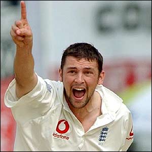 Steve Hamison makes the breakthrough as he removes Bangladesh skipper Khaled Mahmud for 18