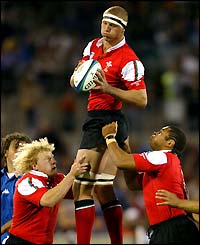 Wales' Brent Cockbain claims the ball in the line-out