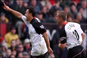 Fulham's Steed Malbranque celebrates scoring at Old Trafford