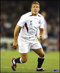 England's Jonny Wilkinson watches as a penalty kick heads towards the post