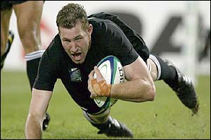 Chris Jack scores a try for New Zealand