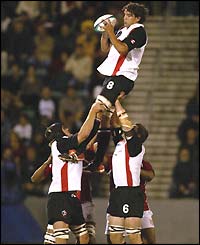 Number eight Josh Jackson wins a line-out ball for Canada
