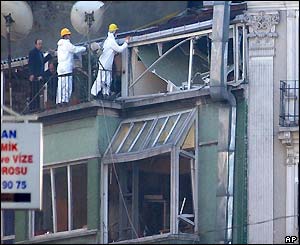 Police looking for forensic evidence on the roof of a building near the British Consulate in Istanbul, Turkey