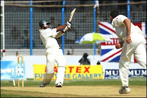 Mashrafe Mortaza is clean bowled by Richard Johnson