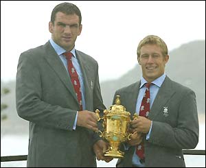 England captain Martin Johnson and match-winner Jonny Wilkinson pose with the Webb Ellis World Cup trophy 