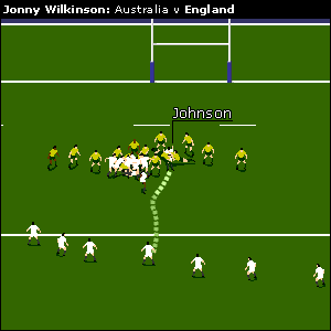 ...with Dawson under wraps, Neil Back takes up the scrum-half role but, rather than set up the drop goal, he sends it to Martin Johnson