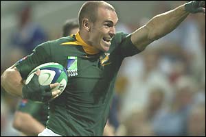 Full-back Jaco van der Westhuyzen celebrates his try