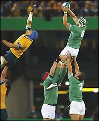 Simon Easterby (right) jumps and takes the ball in the line-out for Ireland