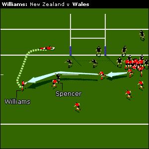 The ball slides off the top of Carlos Spencer's despairing fingers, and into the hands of Williams who crosses with a scissor step before touching down almost under the posts 