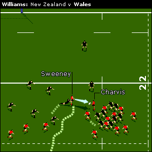 Sweeney feeds flanker Colin Charvis who turns All Black wing Joe Rokocoko inside out before being caught by opposite number Richie McCaw, though not before popping the ball up to Sweeney again