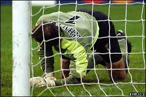 Christian Vieri gets a lucky deflection to beat Jens Lehmann