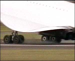 Concorde's landing gear touches the ground at Filton Airfield, Bristol