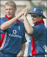 Andrew Flintoff celebrates one of his two wickets 