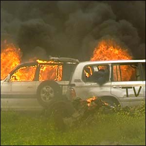 Cars on fire in northern Iraq
