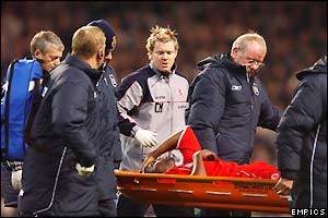 Boro's George Boeteng is stretchered off