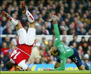 Spurs keeper Kasey Keller sends Thierry Henry tumbling