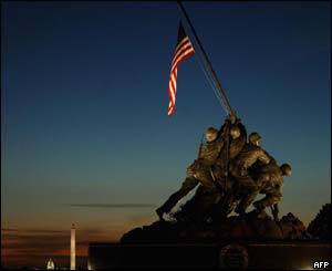 Sunrise behind Iwo Jima memorial, USA.