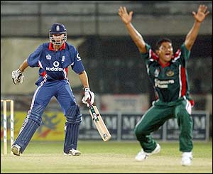 England captain Michael Vaughan loses his wicket to Mushfiqur Rahman