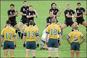 New Zealand's Carlos Spencer leads the Haka